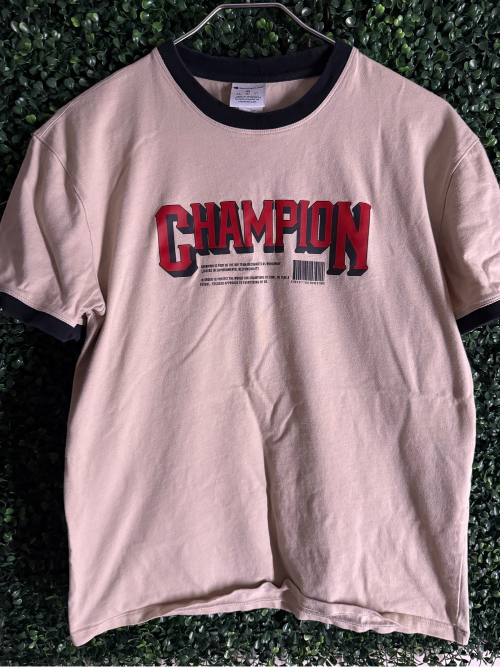 Champion Beige Ringer Tee with Red Logo and Black Trim